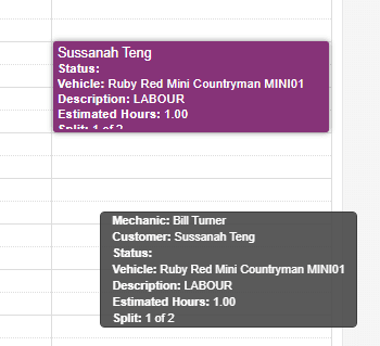 Workshop Software screen showing the first booking date will show as split 1 of x (e.g., split 1 of 2 if split…