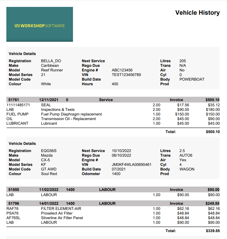 Sample of vehicle history report