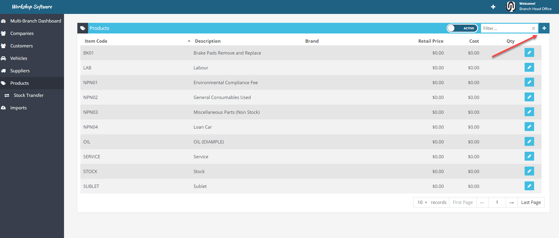 Workshop Software screen showing you can add new products by pressing the ‘plus’ icon on the top right