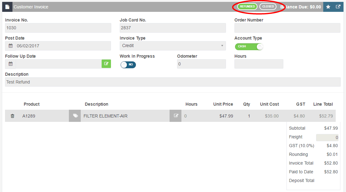 Workshop Software screen showing after clicking process, notice that the invoice has been refunded