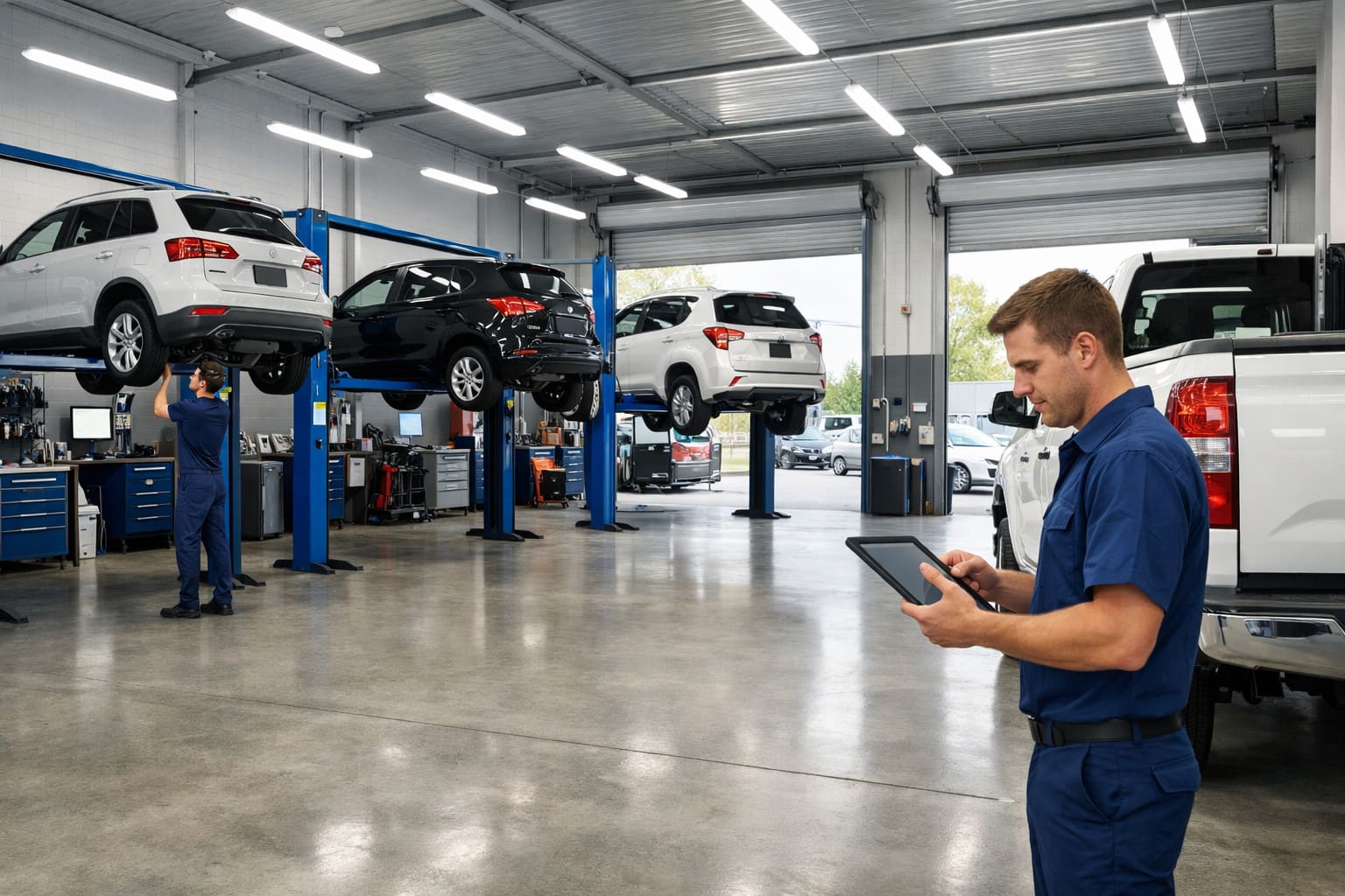 Modern clean automotive workshop with multiple service bays, vehicles on hoists, and a mechanic checking technical data on a tablet