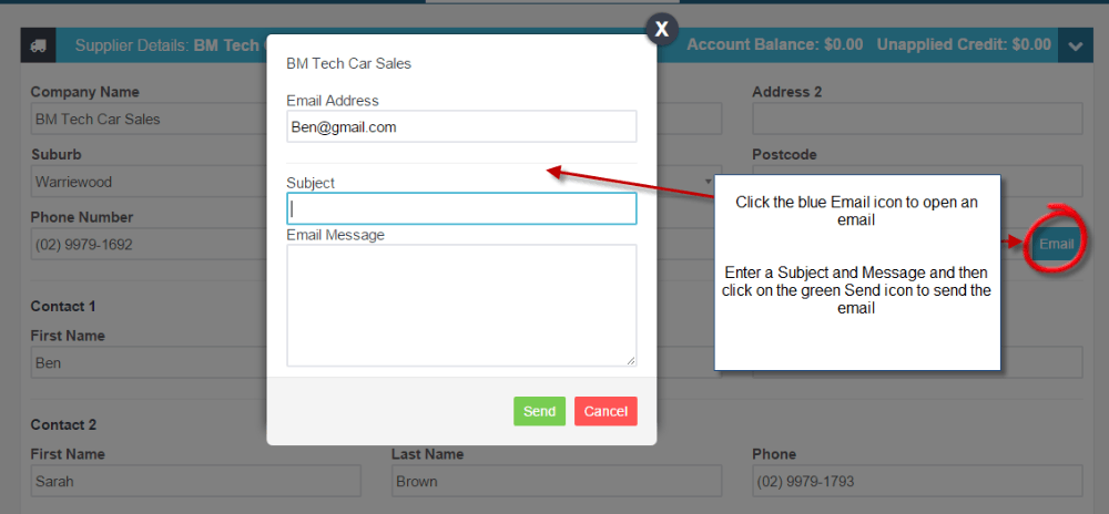 Workshop Software screen showing the third way is from the supplier details screen, click on the blue email ic…