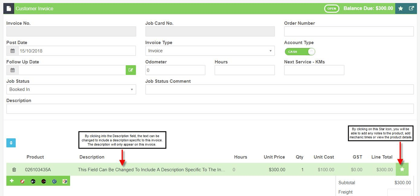 Workshop Software screen showing to change the description of the product at the time of creating the invoice,…