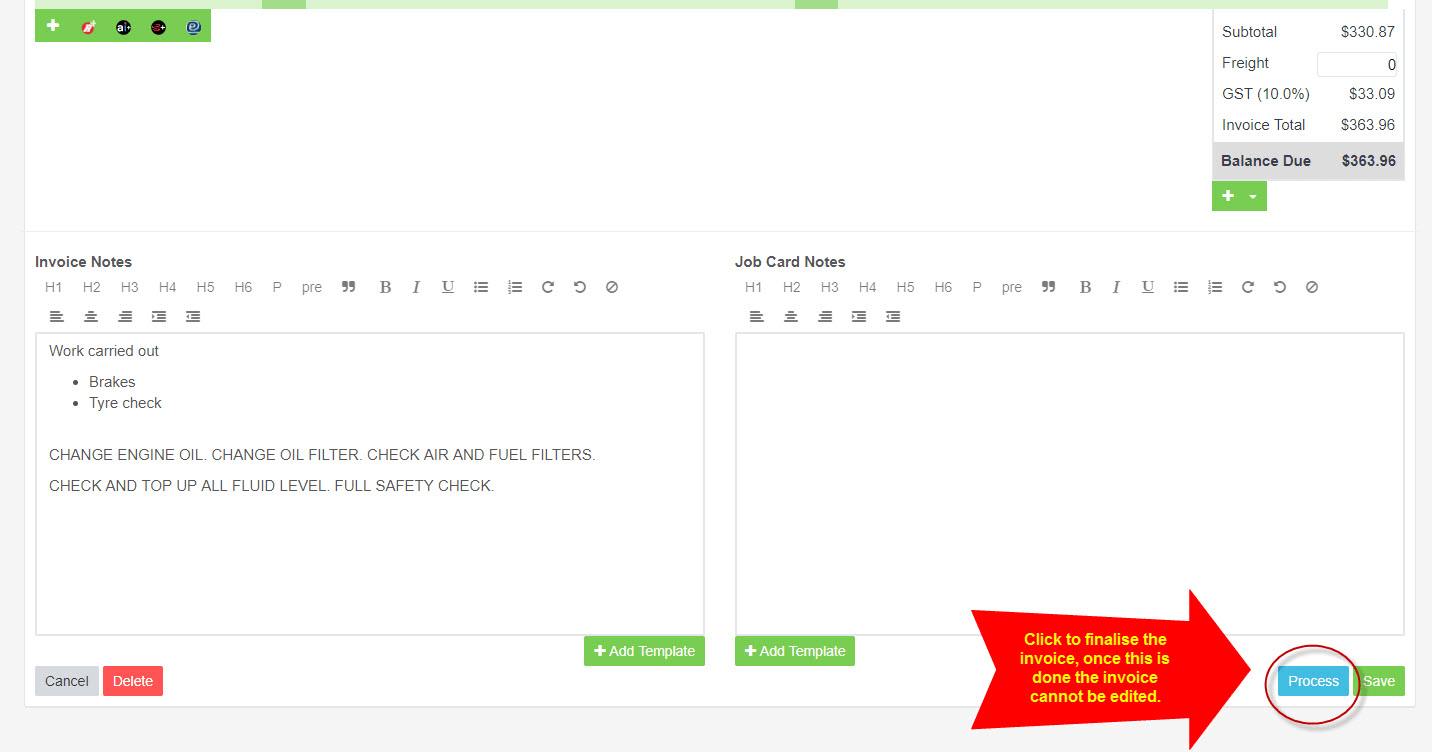 Workshop Software screen showing once the work has been completed and the invoice is correct, click on the blu…