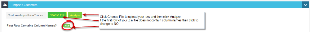 CSV file column header toggle with YES/NO option for first row detection