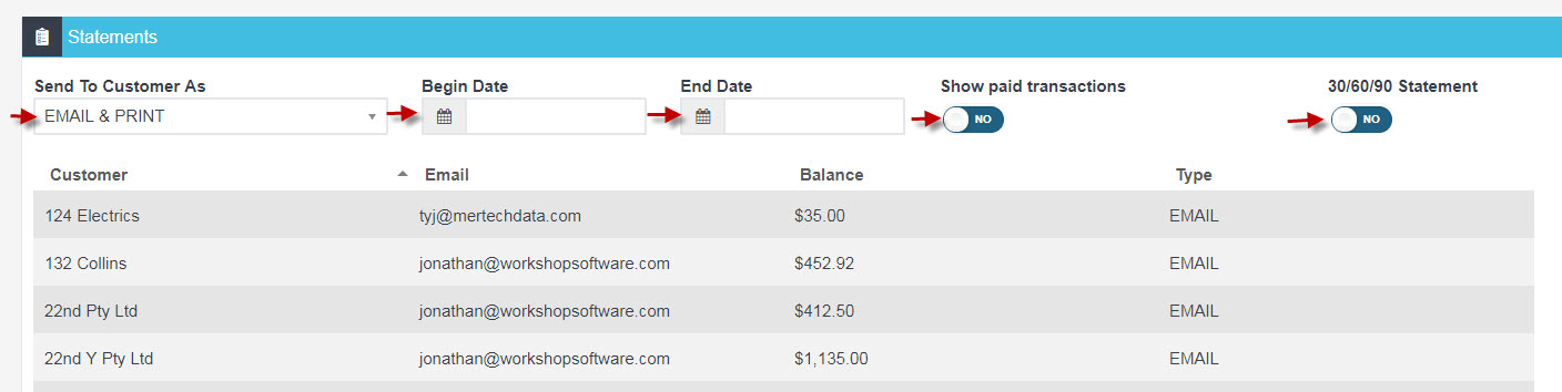 Workshop Software screen showing how you wish to send to customer statement begin period (this can be left bla…