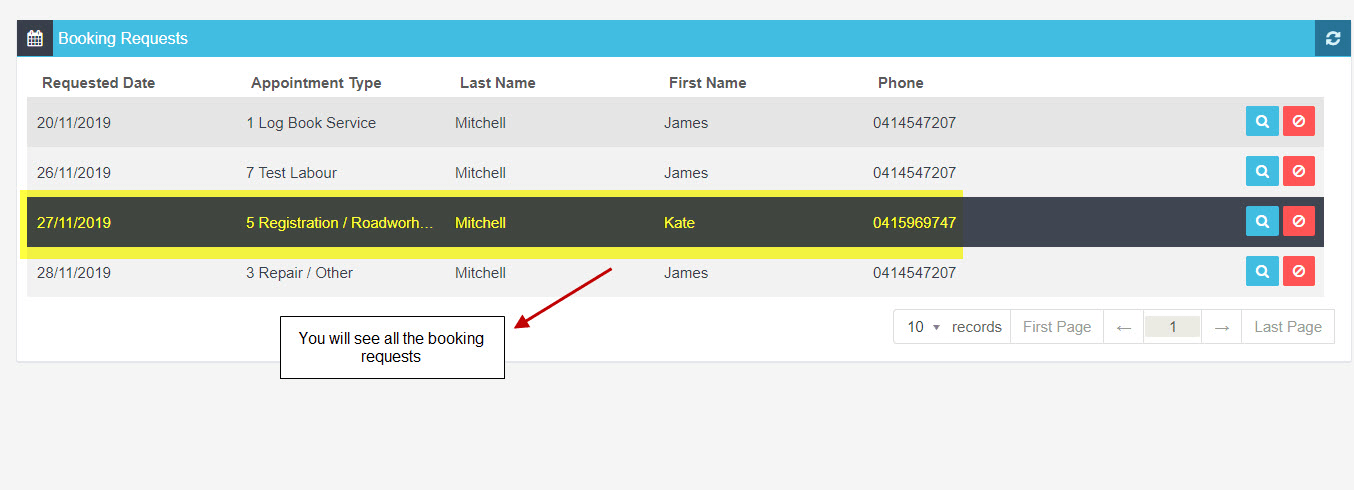 Table showing all new booking request waiting to be approved or declined