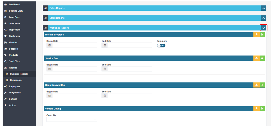 Workshop Software export workshop software reports as a excel sheet showing report you want by clicking on the ˅ icon to e…
