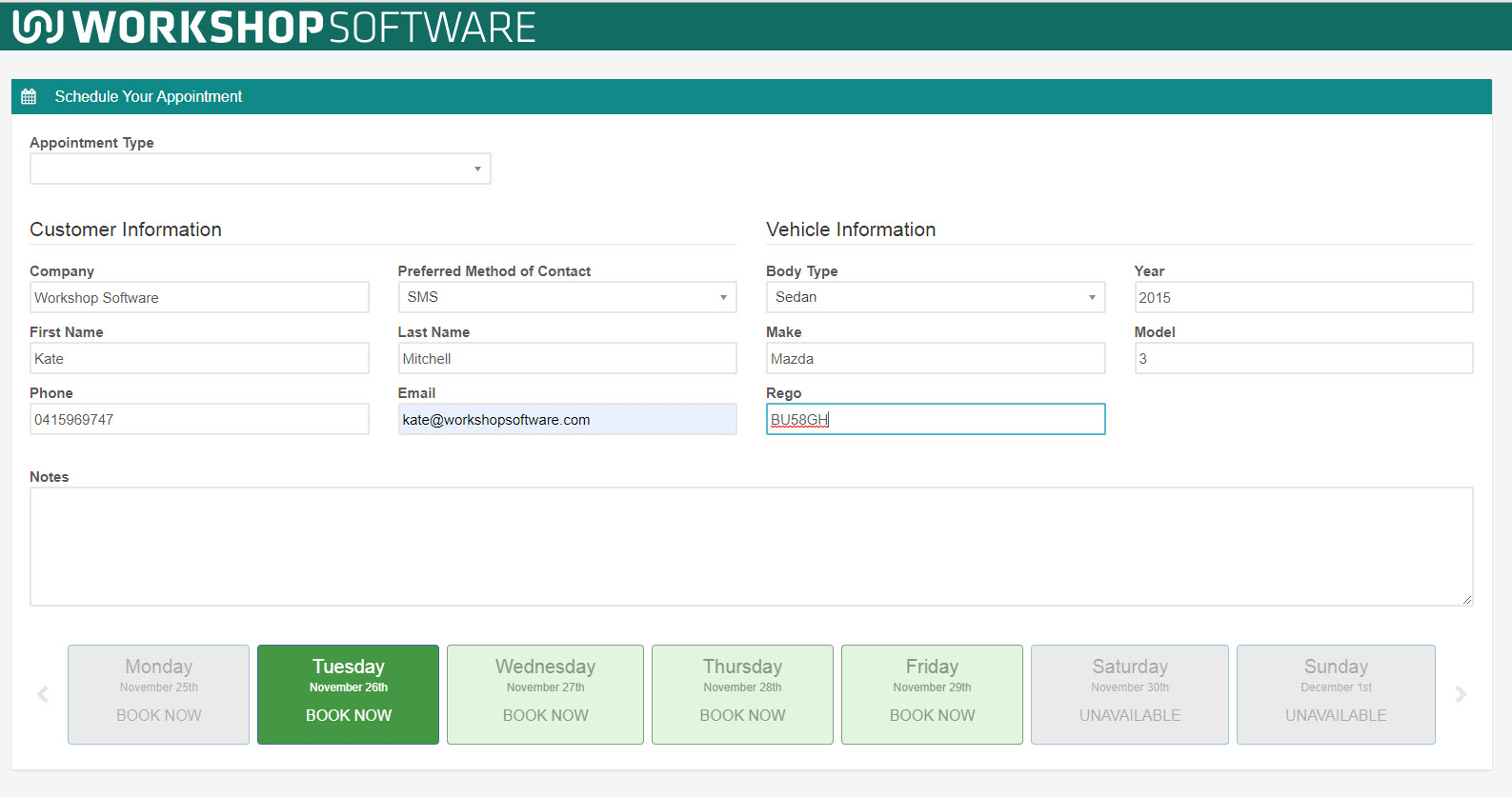 Screenshot of the booking portal