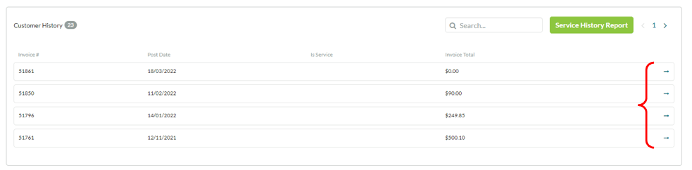 click on arrow keys next to each historical invoice to view