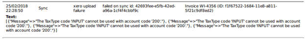 Workshop Software xero integration - event log deciphered showing invoice & void invoice “the tax code “input” cannot be u…