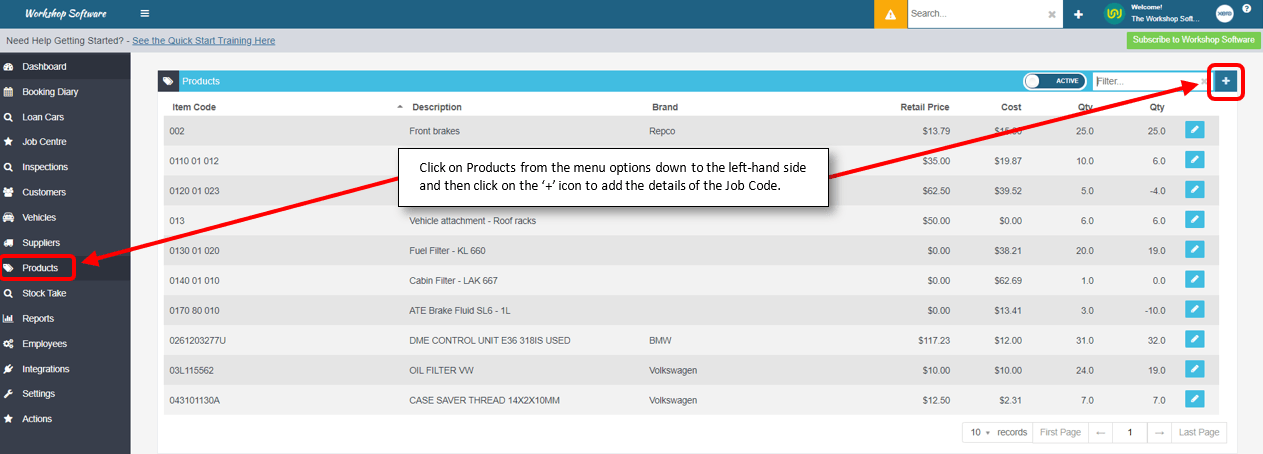 Workshop Software screen showing to add a new job code click on products from the menu options down the left h…