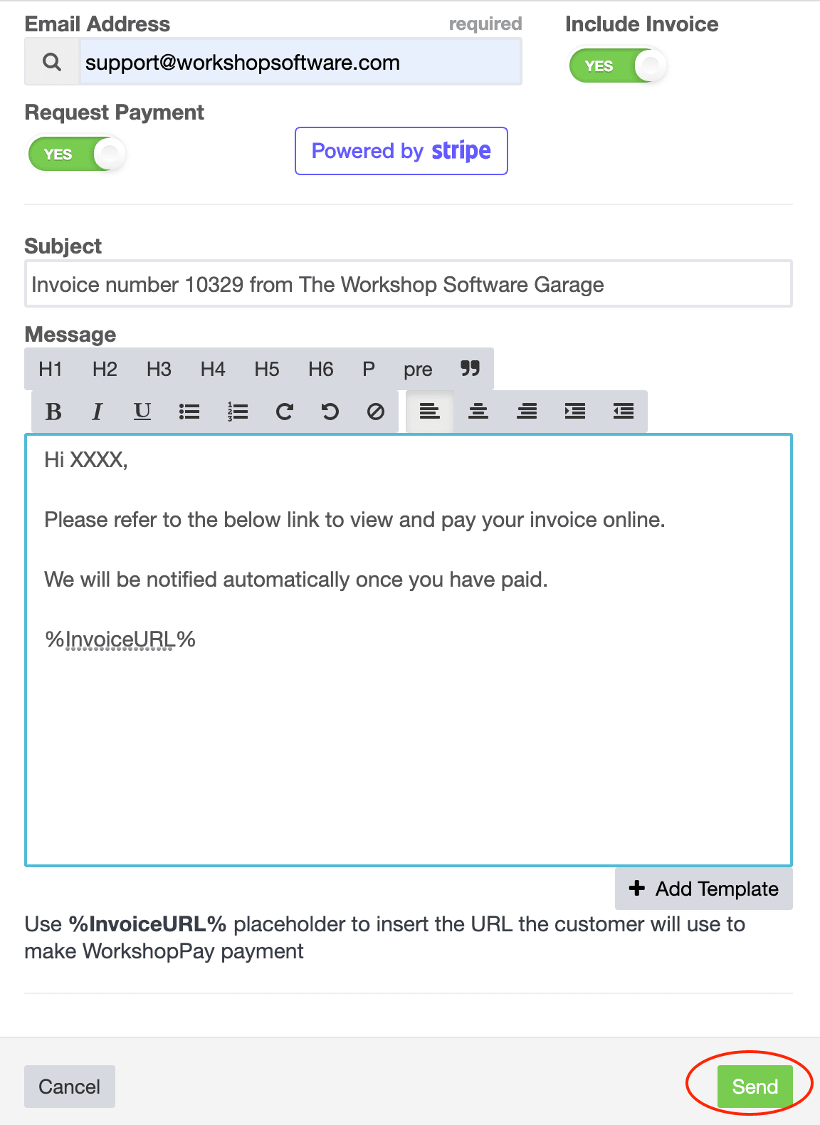 Workshop Software stripe - sending your customers their invoice via email showing ‘send’