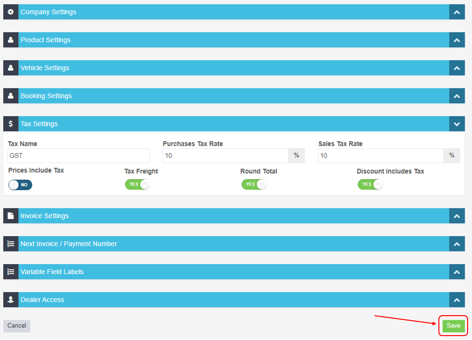Workshop Software round the totals on invoices showing down to the bottom of the page and click on the green ‘save’ button…