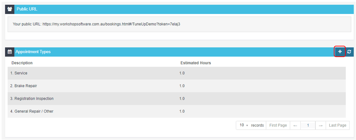 Workshop Software public booking diary - setting up appointment types showing new appointment type in the appointment type…