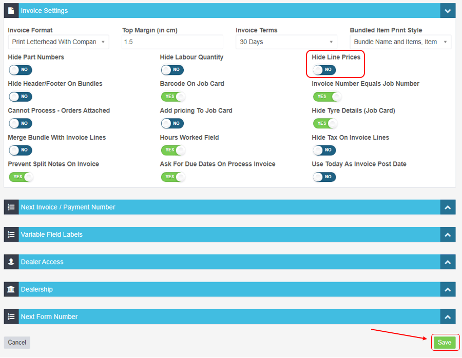 Workshop Software screen showing under the heading ‘invoice settings’ , click on the button below hide line pr…