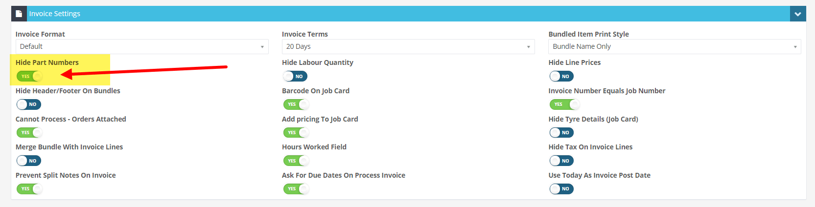 Workshop Software screen showing under the heading invoice settings, click on the button below hide part numbe…