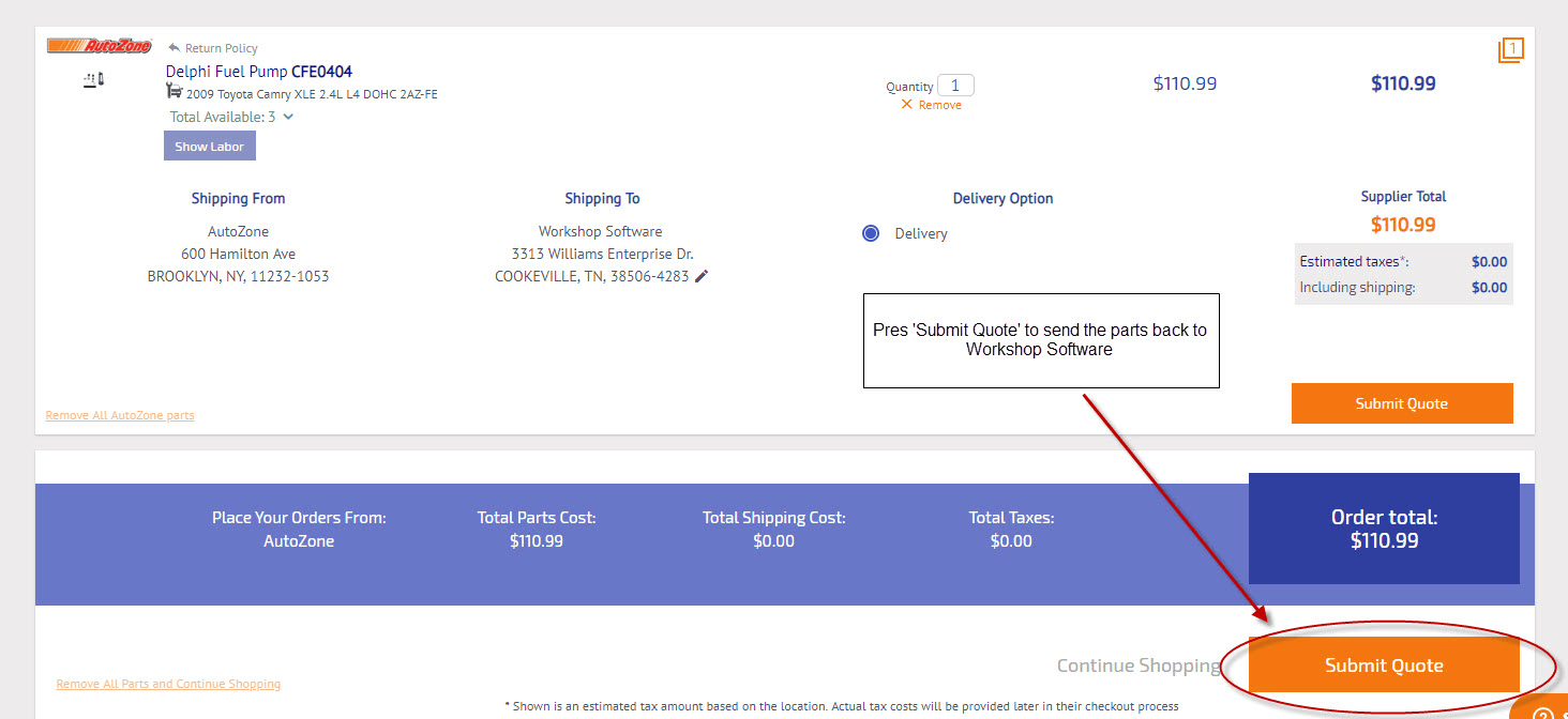 Workshop Software how to use partstech showing ’ submit quote ’ to prompt partstech to send your selected parts back to yo…