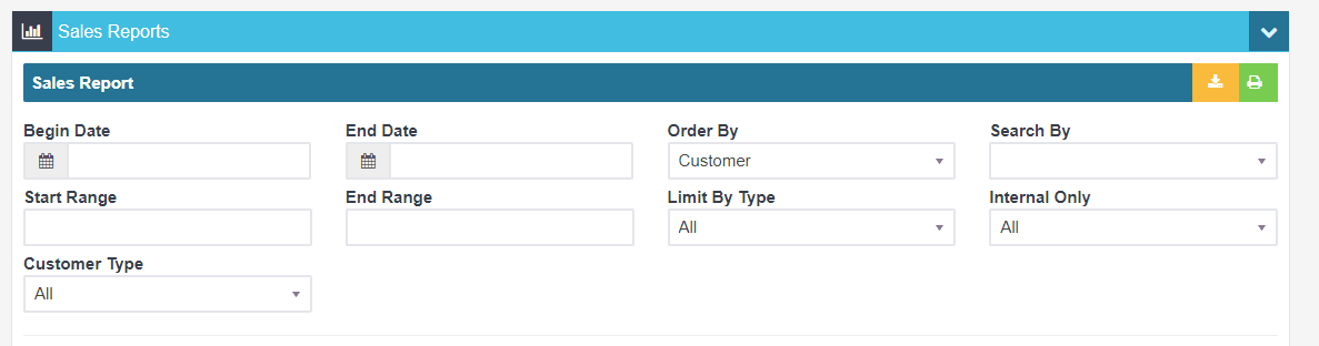 Workshop Software screen showing limit by type - allows you to produce a report for sales invoices, credits, o…