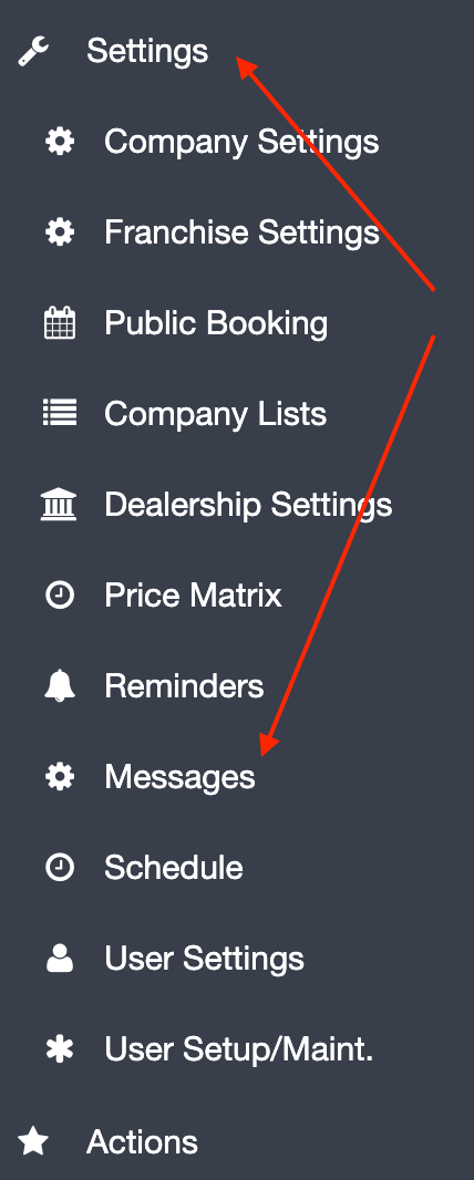 Workshop Software setting up workshoppay email and sms default messages showing settings > messages on the tabs on the lef…