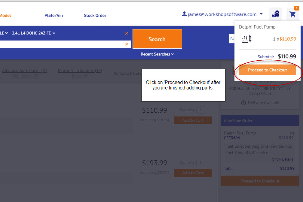 Workshop Software how to use partstech showing part you are needing for your workshop software job by pressing ’add to car…