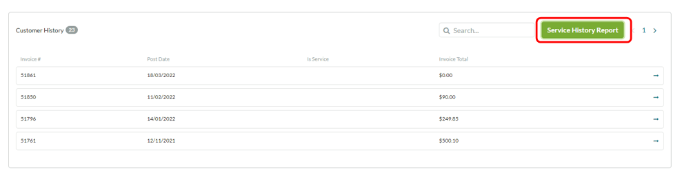 Green “Service History Report” button