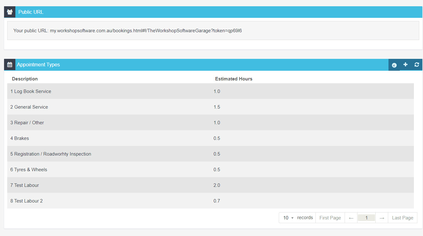 Screenshot of the URL for the booking diary and appointment times available