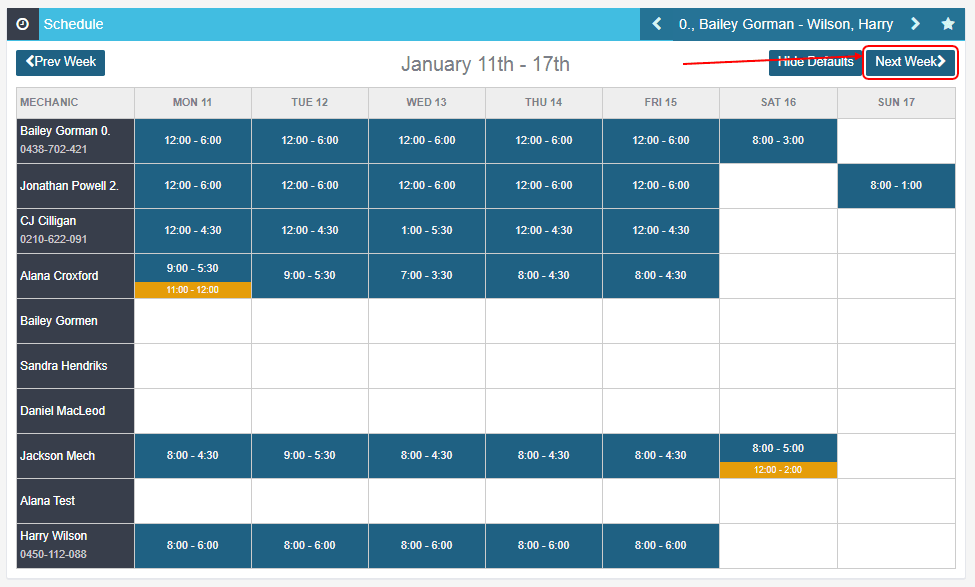 Workshop Software schedule a mechanic for a day off showing day(s) that need scheduling off, by clicking the ‘next week’ b…