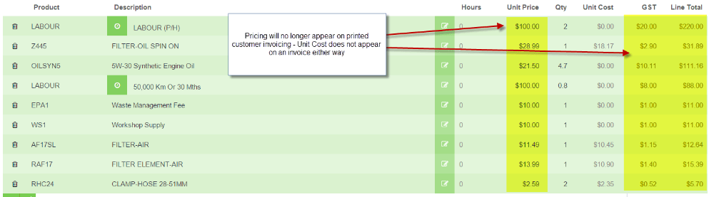 Workshop Software screen showing line prices will no longer show on printed invoices