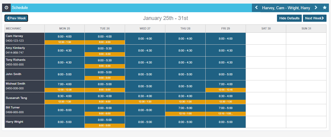 Workshop Software screen showing as you can see all mechanics have a yellow bar with the times they are not av…
