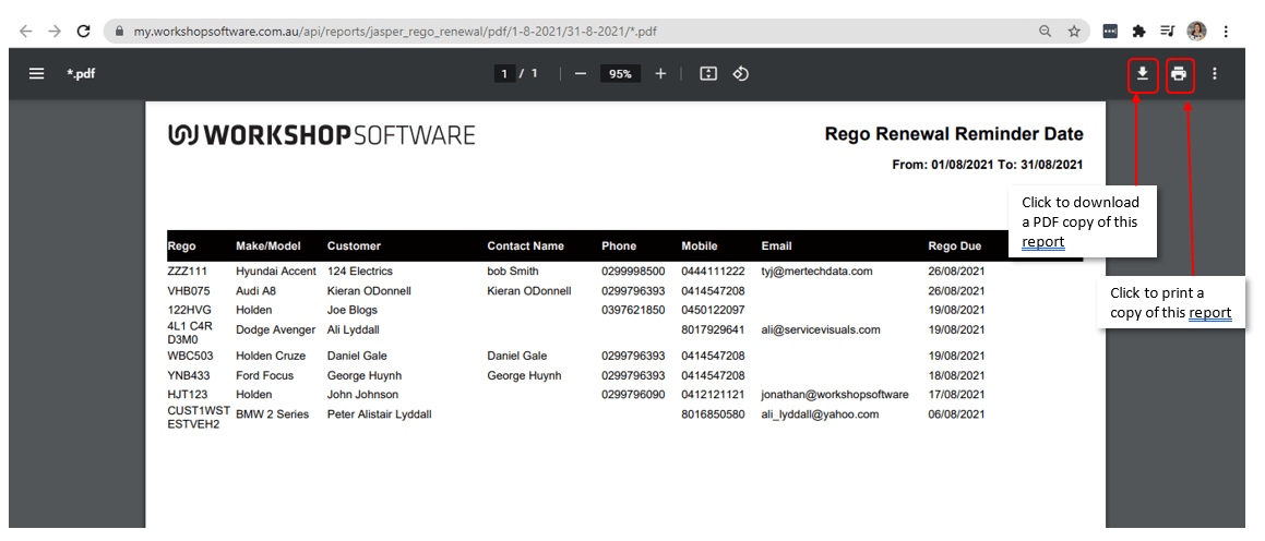 Workshop Software screen showing or print by clicking on the printer icon