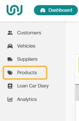 Workshop Software screen showing on the left-hand side options, select ’ products ’