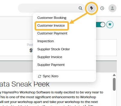 Workshop Software how to record a customer credit showing ‘lightning bolt’ icon located next to the main search bar in wor…