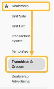 Workshop Software screen showing this can be done by going to ’ dealership ’, and then clicking on to ’ franch…