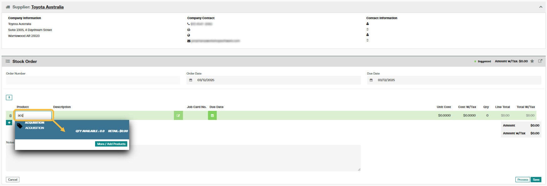 Workshop Software screen showing to add the units enter in ’ acquisition ’ into the product column of the stoc…