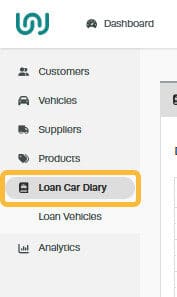 Workshop Software starting a loan car booking showing ’ loan car diary ’