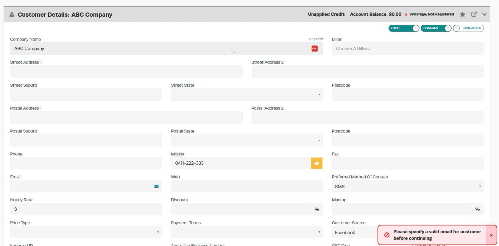 Workshop Software screen showing if a customer profile does not have an email address the below error message …
