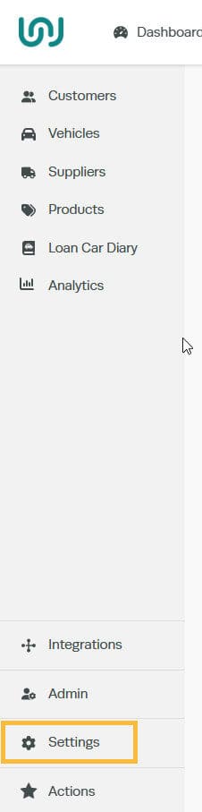 Workshop Software how to activate the customer portal showing “ settings “ from our left-hand navigation menu bar