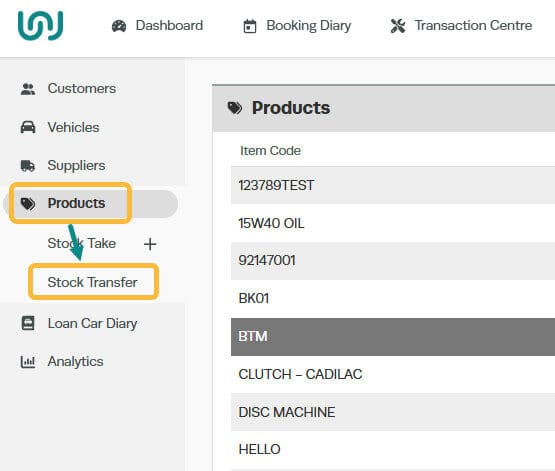 Workshop Software multi-branch transferring stock showing products then stock transfer