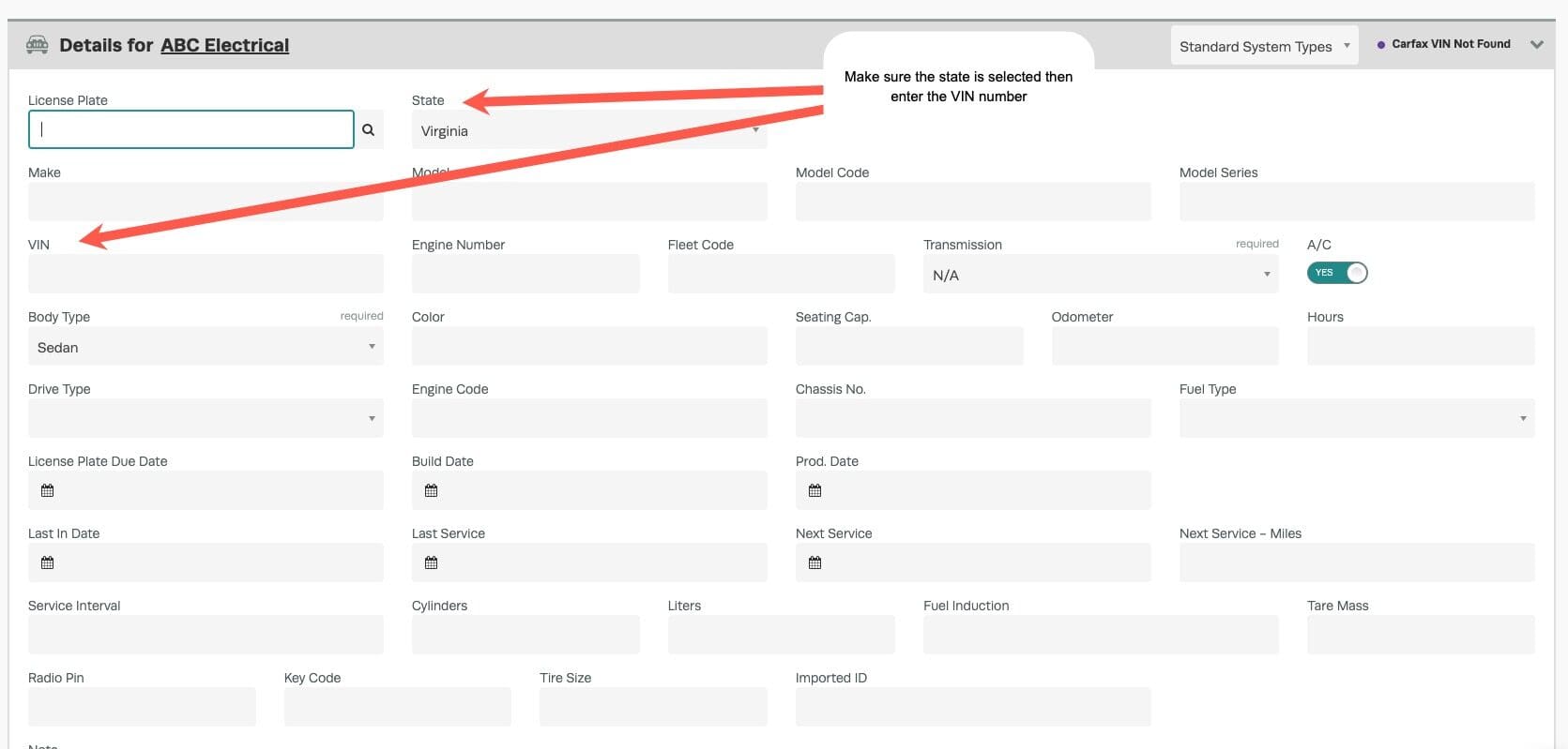 Workshop Software carfax vin lookup showing vin number followed by the state the vehicle is registered