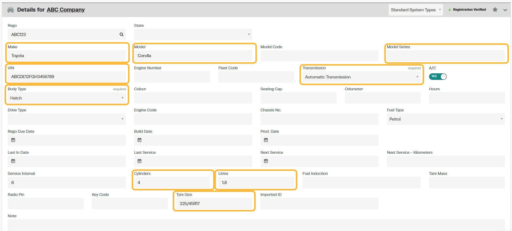 Workshop Software screen showing you will also see data in the below highlighted fields have now been populated