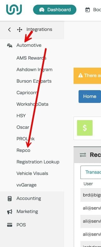 Workshop Software screen showing in the additional menu list that appears, please select ‘ repco ’