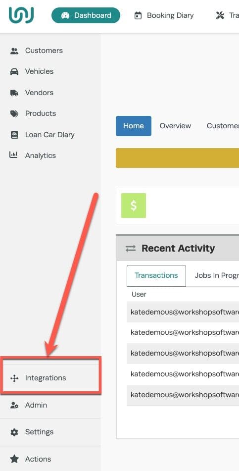 Workshop Software screen showing to turn on partstech labor, please navigate to your ‘integrations tab’ select…
