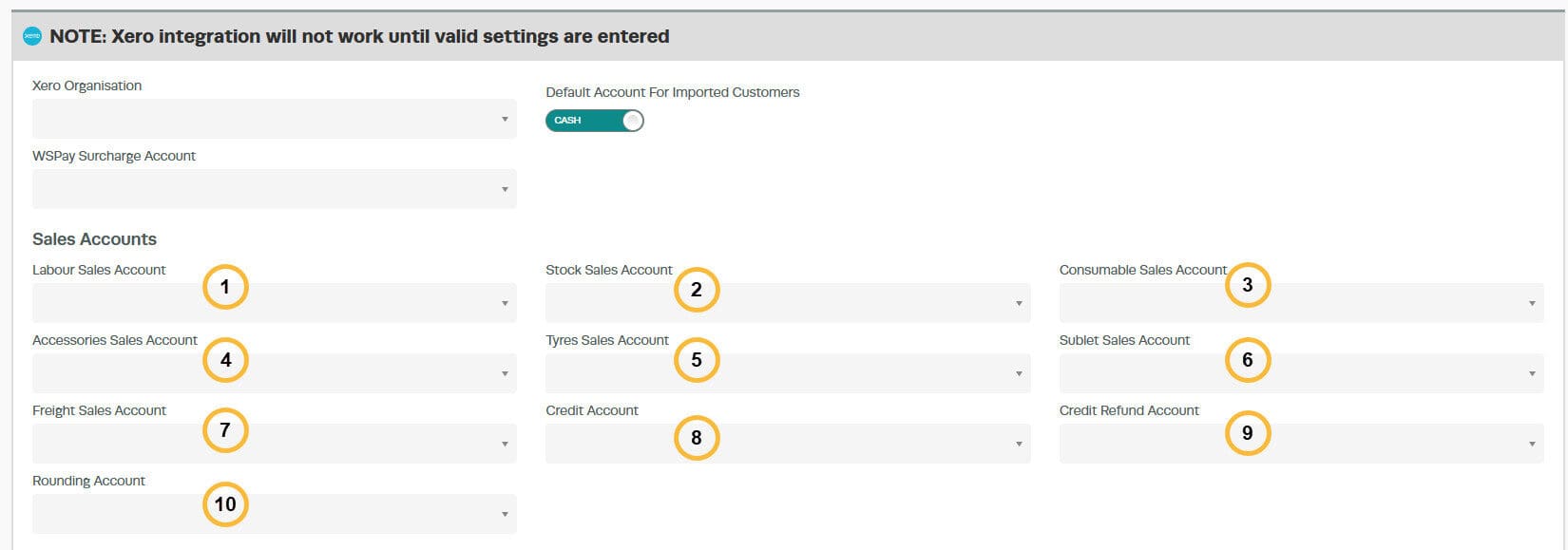 Workshop Software Xero integration Sales Accounts configuration with numbered account fields