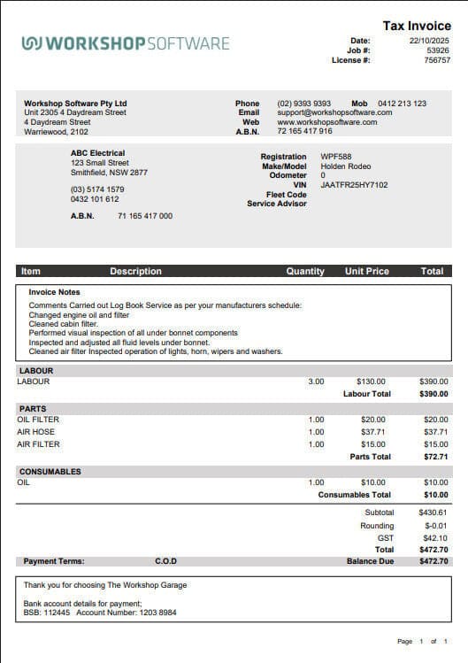 Workshop Software screen showing this invoice template inserts the invoice notes that relate to the job above …