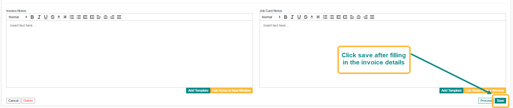 Workshop Software screen showing this will save the invoice and enable you to make changes, additions or delet…