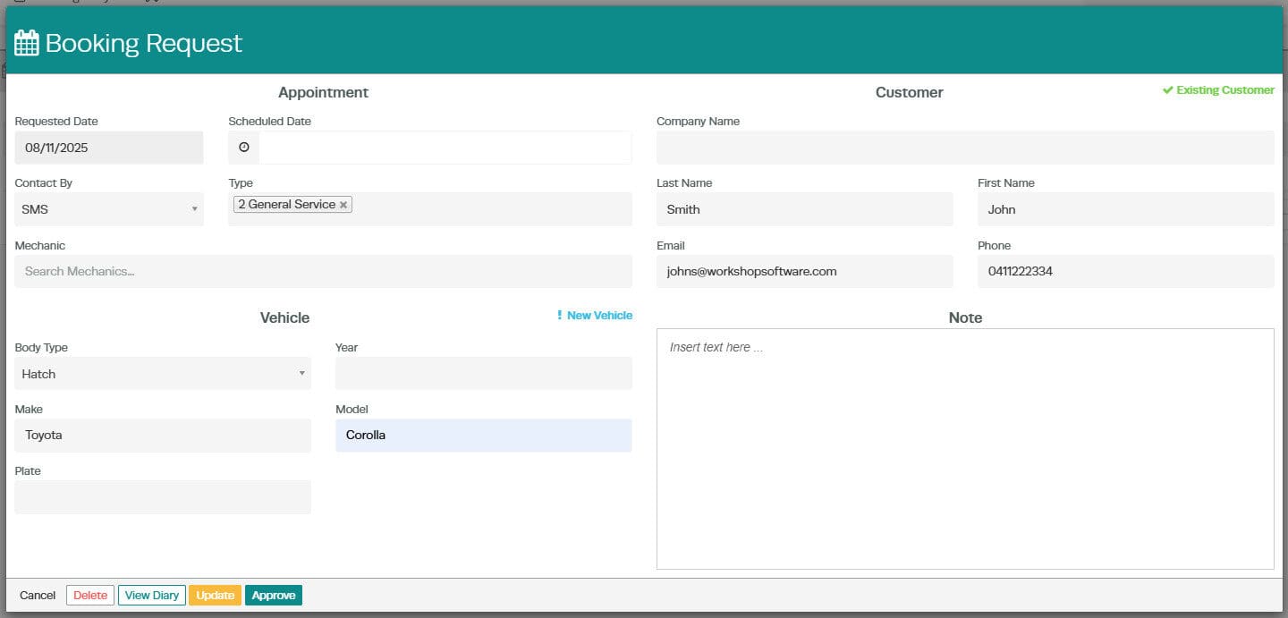 Workshop Software online bookings showing magnifying glass to view/approve the booking