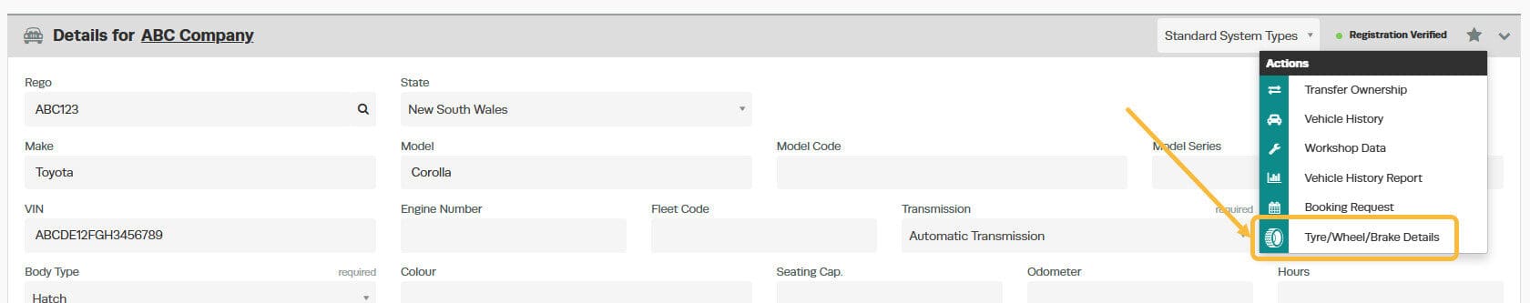Workshop Software screen showing and click on the ’ tyre details ’ option