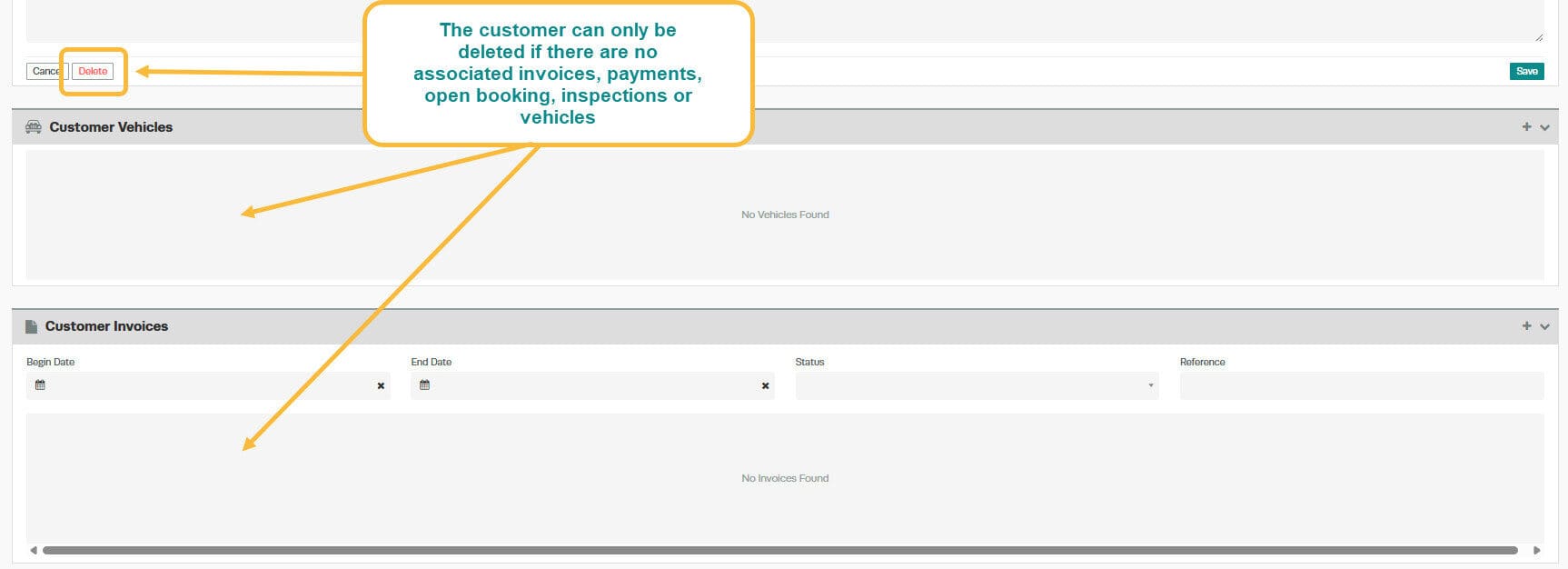 Workshop Software screen showing you will only be able to delete the customer if they have no vehicles or invo…