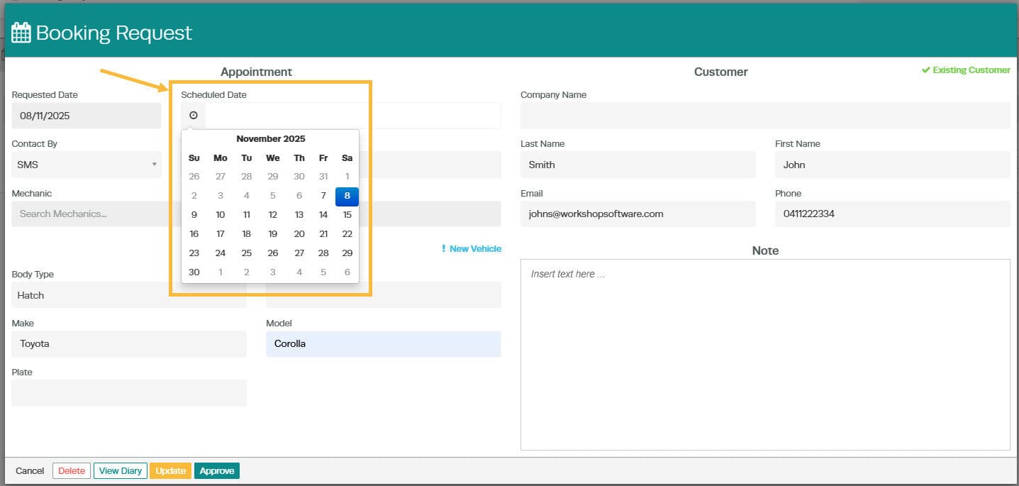 Workshop Software screen showing you will be able to choose the date and the time - if you change the date of …
